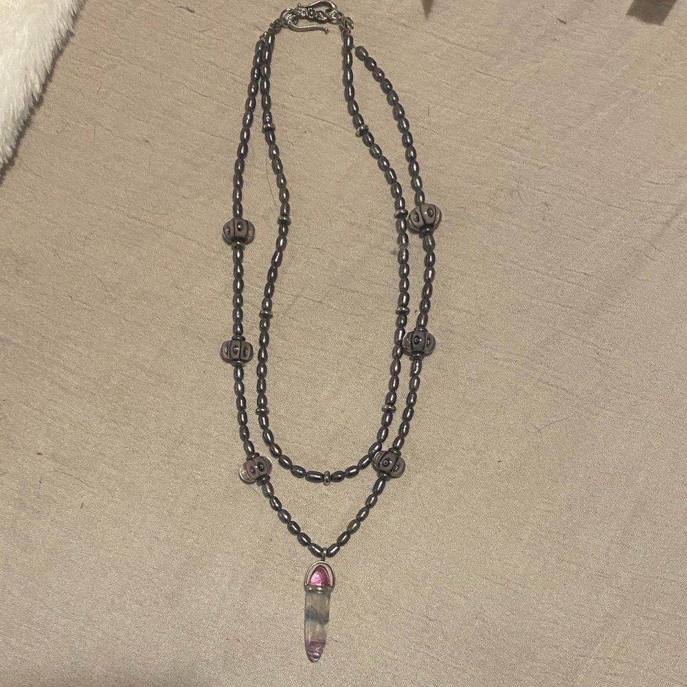 Hematite beads with glass and crystal type pendant
